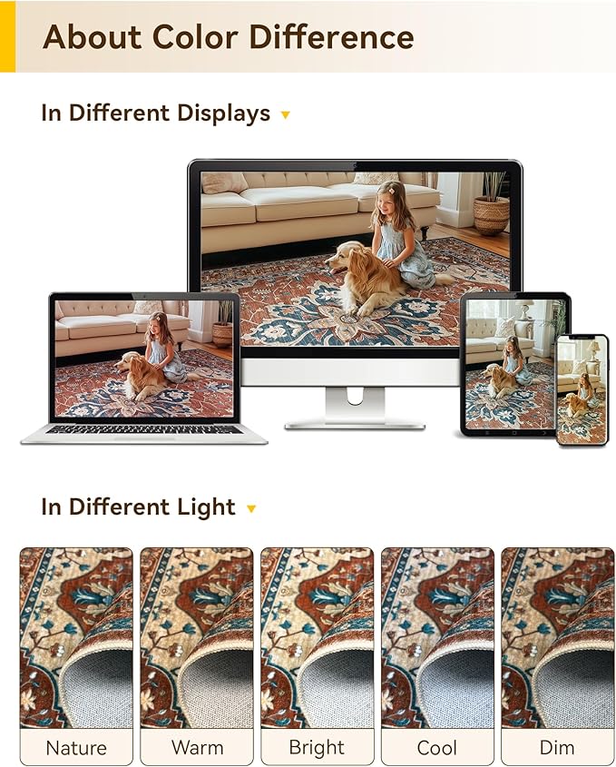 RELEANY Area Rugs Round 6ft Washable Non-Slip, Floral Vintage Distress Print Pattern Medallion Carpet for Living Room Bedroom Dining Room, Red Orange Blue Brown