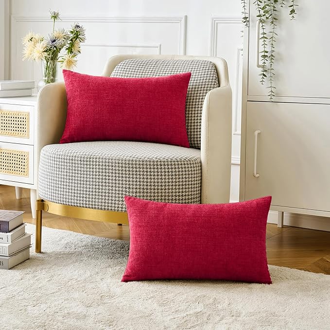 MIULEE Pack of 2 Christmas Red Couch Throw Pillow Covers 12x20 Inch Soft Chenille Pillow Covers for Sofa Living Room Solid Dyed Pillow Cases