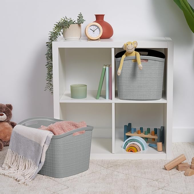 Curver Set of 2 XL 30.5 L Jute Decorative Plastic Organization and Storage Baskets - Perfect Bins for Home Office, Closet Shelves, Kitchen Pantry and All Bedroom Essentials, Grey