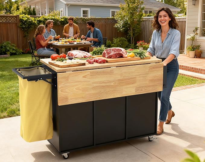 Kitchen Island with Drop Leaf, Rolling Kitchen Island on Wheels, Kitchen Island Cart with Removable Trash Bag, Drawer, Spice Rack, Mobile Island Table with Storage Cabinet, Black