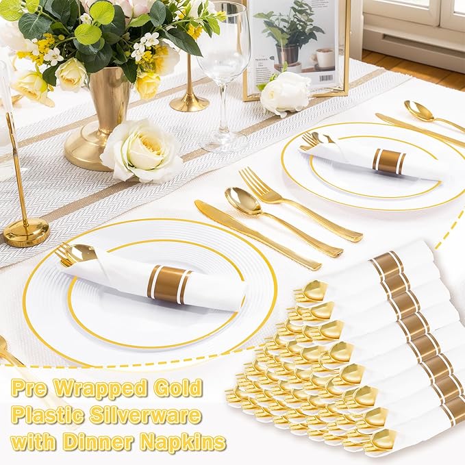 Liacere 100Pack Pre Rolled Gold Silverware and Napkin-Disposable Gold Plastic Utensils-Wrapped Plastic Cutlery Set with Napkin:100 Forks,100 Knives,100 Spoons,100 Napkins for Valentine's Day