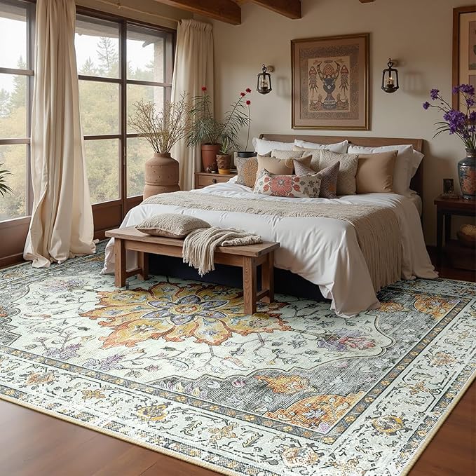 RELEANY Area Rugs 7'x9' Washable Non-Slip, Floral Vintage Distress Print Pattern Medallion Carpet for Living Room Bedroom Dining Room, Light Yellow Carbon Grey Orange