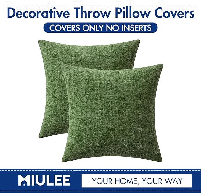 MIULEE Pack of 2 Couch Throw Pillow Covers 16x16Inch Soft Moss Green Spring Chenille Pillow Covers for Sofa Living Room Solid Dyed Pillow Cases