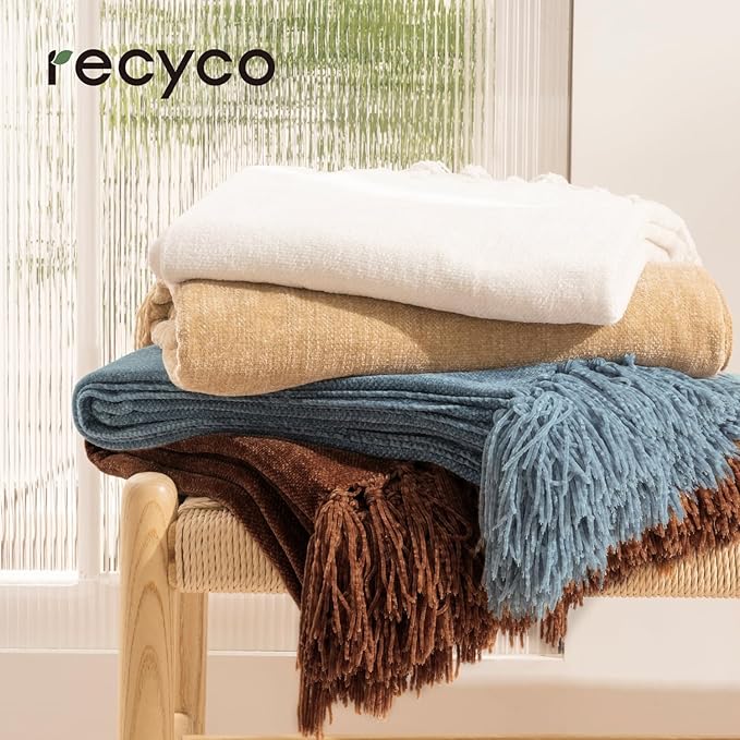 RECYCO Throw Blanket Soft Cozy Chenille Throw Blanket with Fringe Tassel for Couch Sofa Chair Bed Living Room Gift (Beige, 50" x 60")