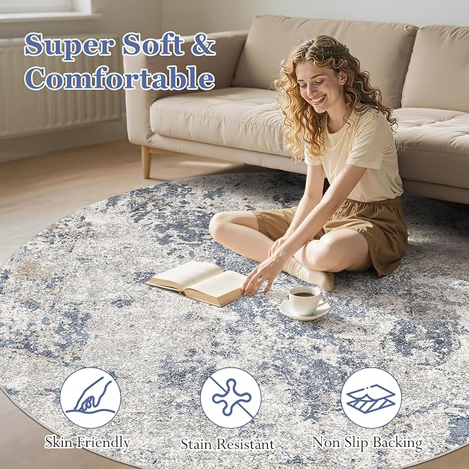 8ft Round Area Rugs for Living Room: 8x8 Abstract Washable Rug Modern Large Soft Stain Resistant Non-Slip Backing Machine Table for Bedroom Dining Room Indoor Home Office Carpet - Blue Brown