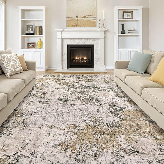 Area Rugs for Living Room: 8x10 Abstract Washable Rug Large Soft Stain Resistant Non-Slip Backing for Bedroom Dining Room Indoor Home Office Carpet for Kids Pet Friendly Families - Dark Brown