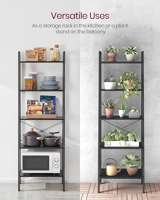 VASAGLE Ladder Shelf, 5-Tier Bookshelf, Storage Rack, Bookcase with Steel Frame, for Living Room, Home Office, Kitchen, Bedroom, Industrial Style, Ebony Black and Ink Black ULLS045B56