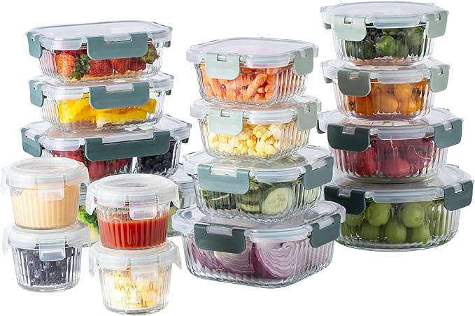 COOK WITH COLOR Premium 32-Pc. Borosilicate Glass Food Container Set with Dividers - 4 Rectangles, 8 Rounds, 4 Squares - Leakproof Lids - Meal Prep, Storage, Fluted Ombre Green