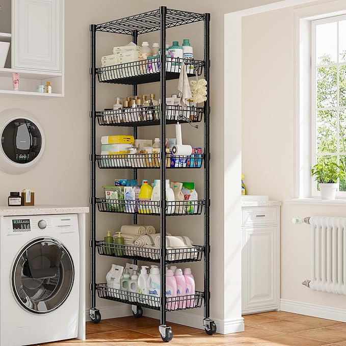7 Tier Wire Shelving with Wheels 72" H Adjustable Basket Shelf Storage Shelves with Hooks for Kitchen Bathroom Pantry Shelves Closet Laundry Room Organization 72" H x 30" W x 14" D, Black