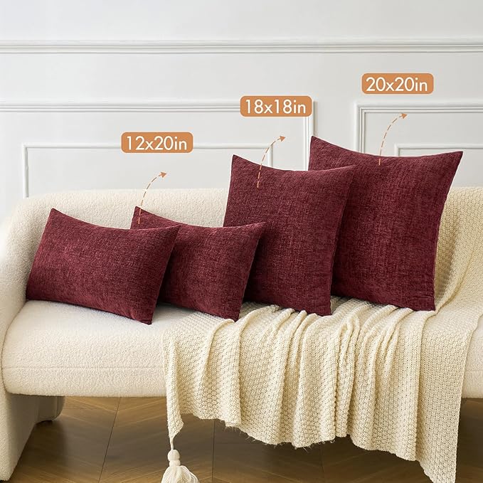 MIULEE Pack of 2 Christmas Wine Red Couch Throw Pillow Covers 20x20 Inch Soft Chenille Pillow Covers for Sofa Living Room Solid Dyed Pillow Cases