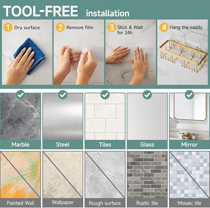 Veken Adhesive Shower Caddy 6-Pack,Gifts for Women Mom,Heavy Weight Bearing,Large Wall Mounted Bathroom Shelves Rack,Organizer Storage Accessories with Soap Dish&Toothbrush Holder,Bright Gold