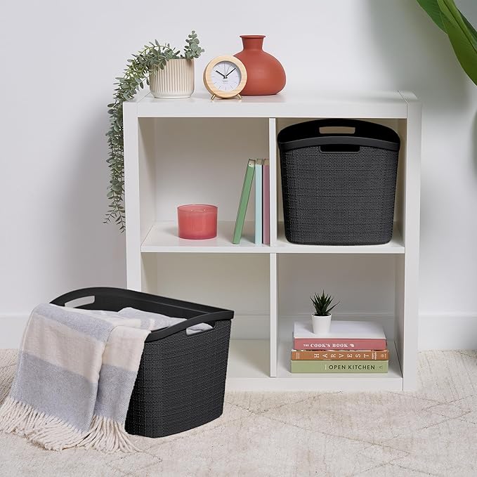 Curver Set of 2 XL 30.5L Jute Decorative Plastic Organization and Storage Baskets - Perfect Bins for Home Office, Closet Shelves, Kitchen Pantry and All Bedroom Essentials, Black