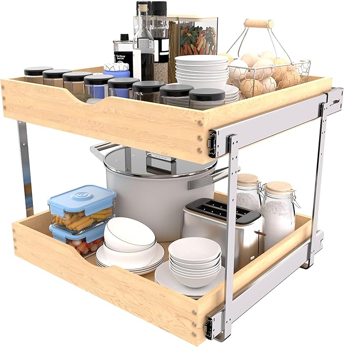 2-Tier Wood Cabinet Pull Out Shelves (20" W x 22" D), Wooden Slide Out Drawers for Kitchen Cabinets, Heavy-Duty 22 Inch Deep Sliding Cabinet Organizer