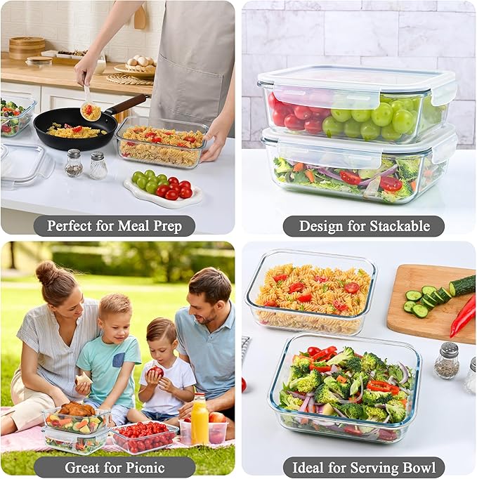 GEHE 9.8 Cup / 78 Oz Large Glass Food Storage Containers with Lids, 2 Pack Glass Meal Prep Containers Set with Airtight Locking Lids - Storing Food, Baking, Leakproof, Freezer, Microwave & Oven Safe