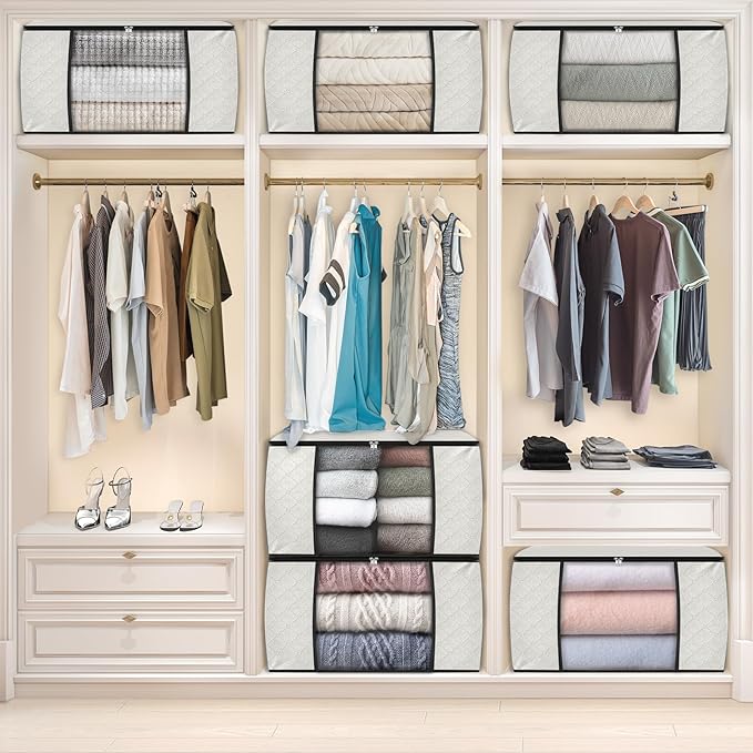 Fab totes 10 Pack Clothes Storage, Foldable Thick Fabric Blanket Storage Bags, Containers for Organizing Bedroom, Closet, Clothing, Comforter, Organization with Handle,Ivory White