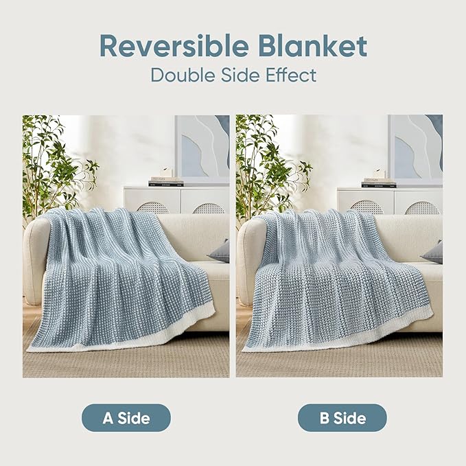 Snuggle Sac Ultra Soft Waffle Throw Blanket for Couch Bed Sofa 50x60 inches, Reversible Blue Cream Blanket Microfiber Fluffy Fuzzy Cozy Knit Soft Throws Birthday Gifts for Women