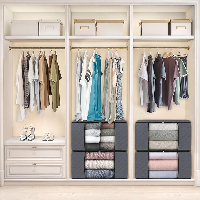 Fab totes Storage Bags,Clothes Blanket Storage Bins Foldable Closet Organizers with Reinforced Handle for Home Dorm Storage and Organization,Fabric Bags for Organizing Sheets,Clothing (Grey,4 Pack)