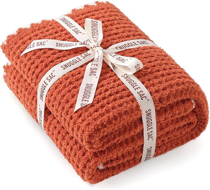 Snuggle Sac Orange Waffle Throw Blanket for Couch Bed Sofa 50x60 inches, Reversible Blanket Microfiber Fluffy Fuzzy Cozy Knit Soft Throws for Women Mothers Birthday Gifts