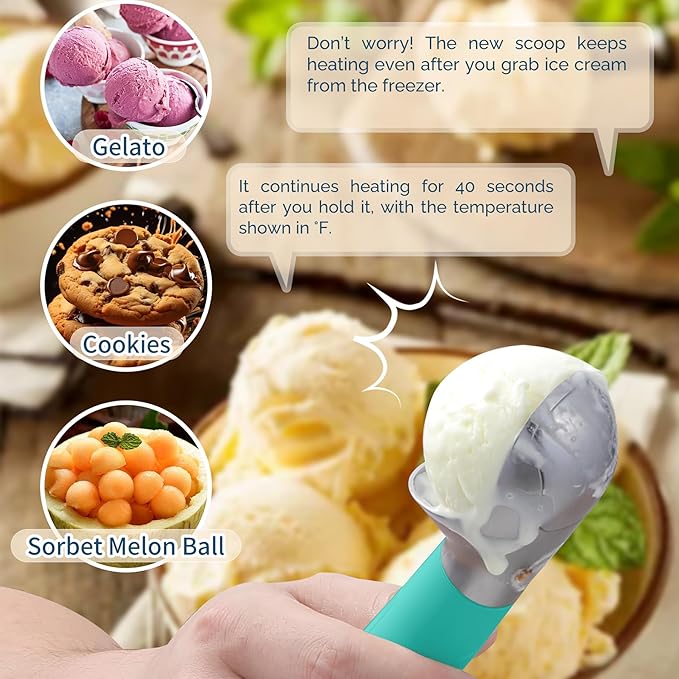 Heated Ice Cream Scoop Rechargeable, Electric Warming Ice Cream Scooper with LED Display, Heats to 158°F for Hard Ice Cream, Easy for Seniors & Kids, IP67 Waterproof (Retro Mint, 2oz)