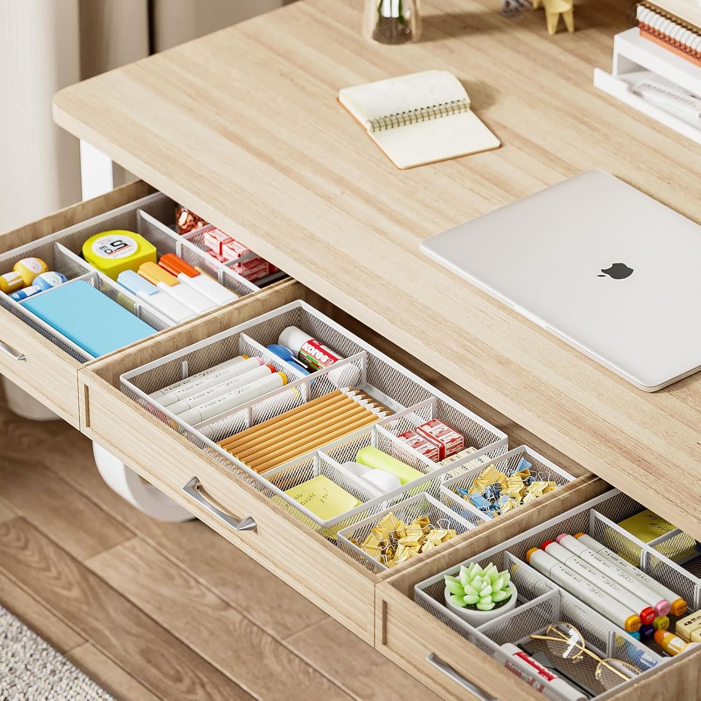 Marbrasse 3 Packs White Desk Drawer Organizers,Drawer Organizer Tray with 9 Adjustable Compartments,Junk Drawer for Makeup & Vanity, Office Desk Supplies and Accessories(White)