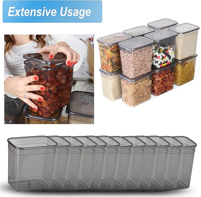 T&D HOME GOODS Storage Jars with Lid, Airtight, Set of 12 Storage Containers, BPA-Free, Storage Container for Cereal, Flour, Kitchen, Practical Organiser Kitchen, (12, Rectangular)