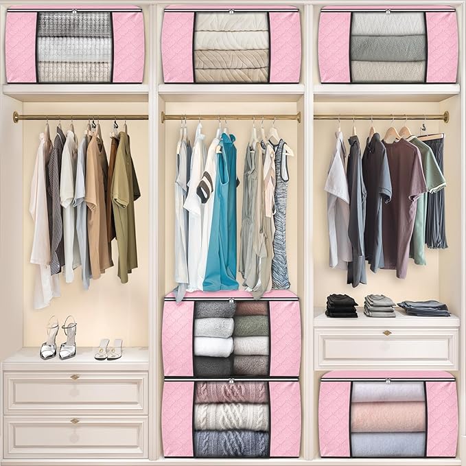 Fab totes 24 Gallons Clothes Storage, Foldable Thick Fabric Blanket Storage Bags, Containers for Organizing Bedroom, Closet, Clothing, Comforter, Organization with Handle (3 Pack,Pink)