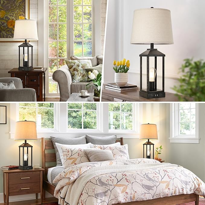 28" Black Farmhouse Bedside Table Lamp for Living Room, 3-Way Dimmable Touch Control Modern Nightstand Lamp with 2 Light, Rustic Desk Lamp with USB Ports for Bedroom, Home, Office, 2 Bulbs Included