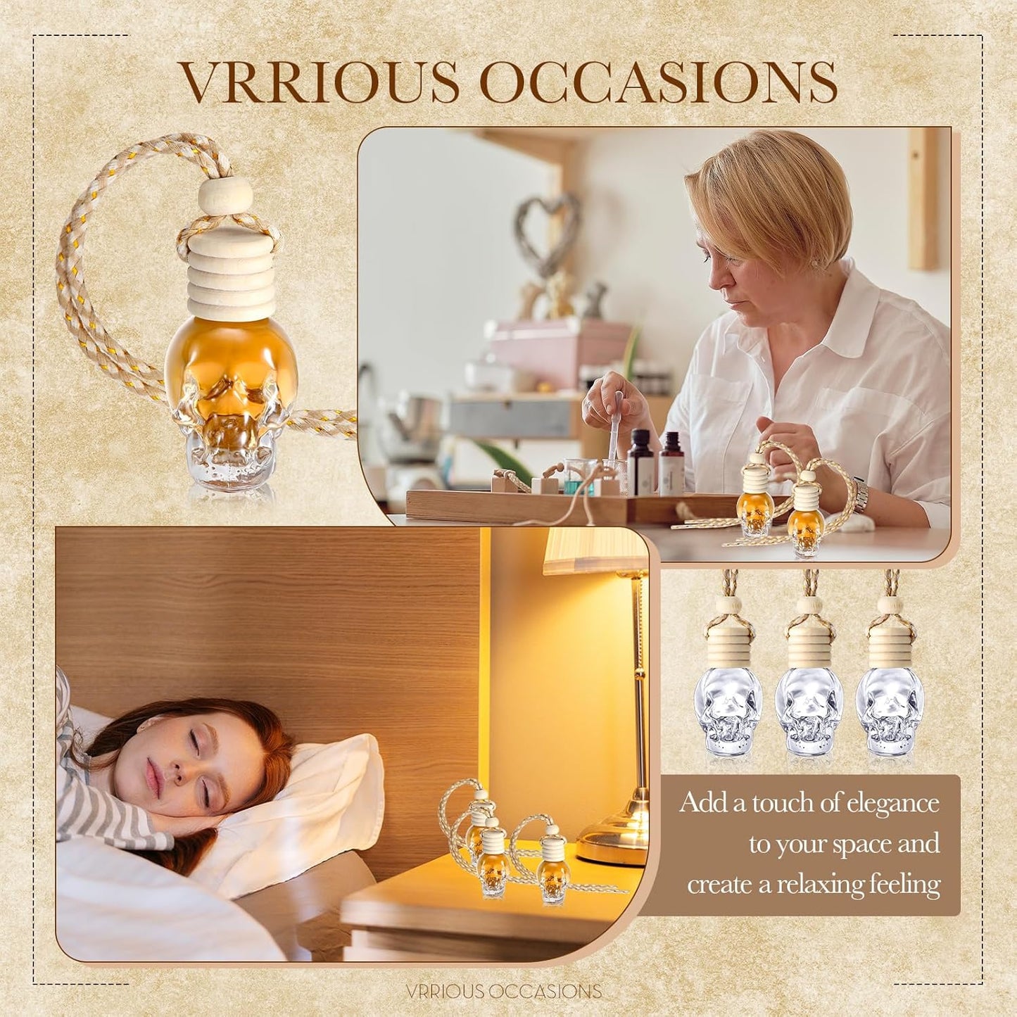 BBTO 50 Pcs Hanging Car Air Freshener Car Diffuser Bottles Empty Glass Perfume Bottle Freshener Diffuser Bottle Pendant for Essential Oil Fragrance Aromatherapy Bottle Ornament(Skull)