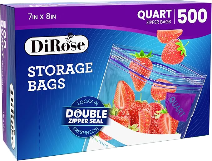 DiRose Quart Bags Pack of 500 – 1 Quart Reclosable Food Storage Bags – Practical and Durable Design – Food Safe Non-BPA Material – Easy Double Zip Closure – Ideal for Food, Snacks, Organizing