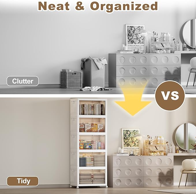 SAILUN 275QT/69Gal Stackable Storage Bins with Lid, Collapsible Storage Bins With Doors and Wheels, Folding Plastic Cabinet Containers for Home Kitchen Closet Organization, 5 Pack