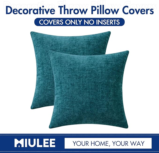 MIULEE Pack of 2 Dark Teal Throw Pillow Covers 18x18 Inch Soft Chenille Pillow Covers for Sofa Living Room Couch Solid Dyed Cases