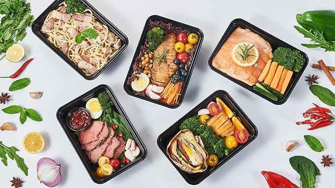 FULING 32 oz 50Pack Plastic Meal Prep Food Storage Containers with Lids Reusable 1 Compartment To Go Lunch Box Black Extra Large &Thick Microwave Freezer Dishwasher Safe BPA Free Stackable