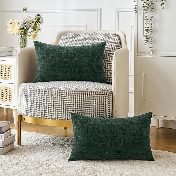 MIULEE Pack of 2 Christmas Green Throw Pillow Covers 12x20 Inch Soft Chenille Pillow Covers for Sofa Living Room Couch Solid Dyed Cases