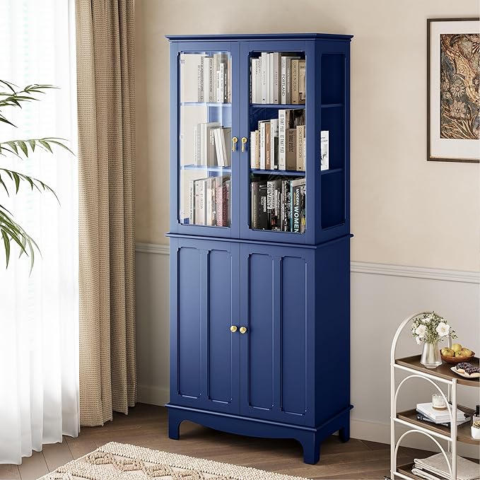72" Tall Kitchen Pantry Cabinet with Glass Door and Adjustable Shelves, Vintage Food Storage Cabinet for Kitchen, Dining Room, Living Room, Dark Blue