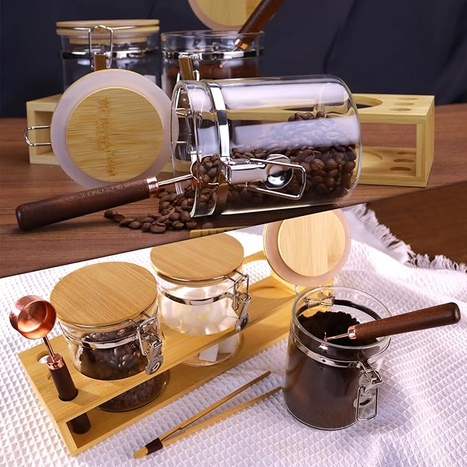Glass Coffee Sugar Storage Jars with Bamboo Shelf and Spoon for Kitchen Counter,Sealed Glass Containers for Loose Leaf Tea,Coffee Bean,Ground Coffee,Brown Sugar,27 Fluid-oz