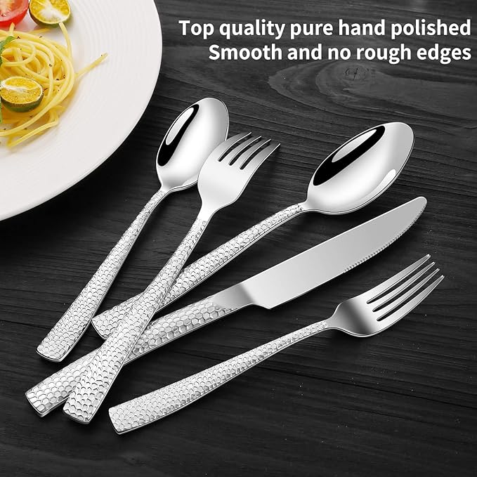 45-Piece Silverware Set with Serving Utensils Set, Silver Hammered Stainless Steel Flatware for 8, Food-Grade Tableware, Including Fork, Knife, Spoon Set, Home Kitchen Cutlery, Dishwasher Safe
