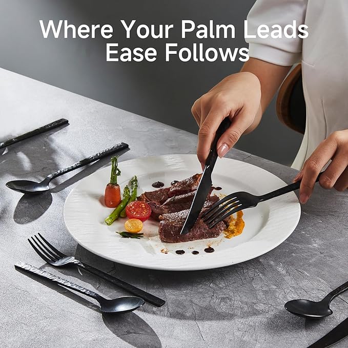 KINGSTONE 40 Pcs Black Hammered Silverware Set for 8, 18/10 Stainless Steel Heavy Duty Flatware Set, Tableware Cutlery Utensil Sets for Home Restaurant Dishwasher Safe