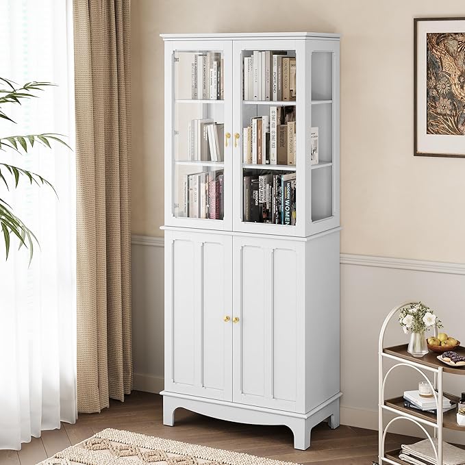 72" Tall Kitchen Pantry Cabinet with Glass Door and Adjustable Shelves, Vintage Food Storage Cabinet for Kitchen, Dining Room, Living Room, White