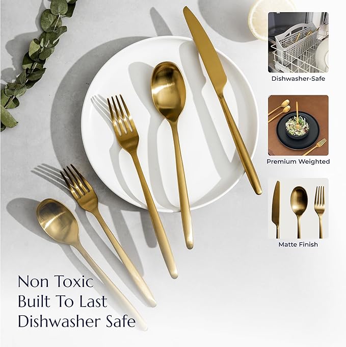 JazzUpCo Ava Flatware Flatware non toxic 18/10 stainless steel dishwasher safe (Matte Gold, 16 Person Set (80 Pieces))