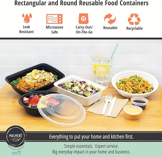 MULMEHË Plastic Meal Prep Take-Out Container and Lid Combo, 24 oz, Microwaveable, Round, Black, 7x1.5”, Set of 150