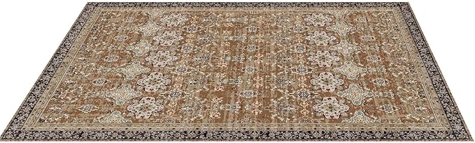 VEVOR 9 x 12 ft Area Rug Large Washable Rug Non-Slip and Tear-Resistant Soft Carpet Pet & Child Friendly Vintage Area Rugs Indoor Mat for Bedroom Living Room Kids Room Office Brown Green