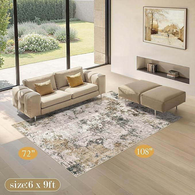 Area Rugs for Living Room: 6x9 Abstract Washable Rug Large Soft Stain Resistant Non-Slip Backing for Bedroom Dining Room Indoor Home Office Carpet for Kids Pet Friendly Families - Dark Brown