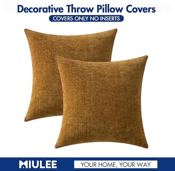 MIULEE Pack of 2 Couch Throw Pillow Covers 16x16 Inch Soft Mustard Chenille Pillow Covers for Sofa Living Room Solid Dyed Pillow Cases