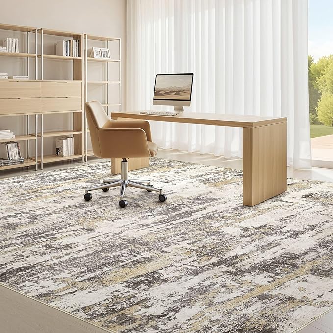 Area Rugs for Living Room: 12x15 Abstract Washable Rug Modern Neutral Large Soft Stain Resistant Non-Slip Backing Machine Table for Bedroom Dining Room Indoor Home Office Carpet - Gold Brown
