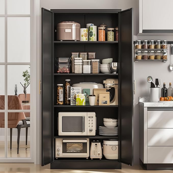 Kitchen Pantry Cabinet,71” Metal Tall Pantry Storage Cabinet with Doors and 4 Adjustable Shelves,Kitchen Storage Cabinets Black Freestanding Food Cabinet for Pantries, Kitchen, Livingroom, Dining Room