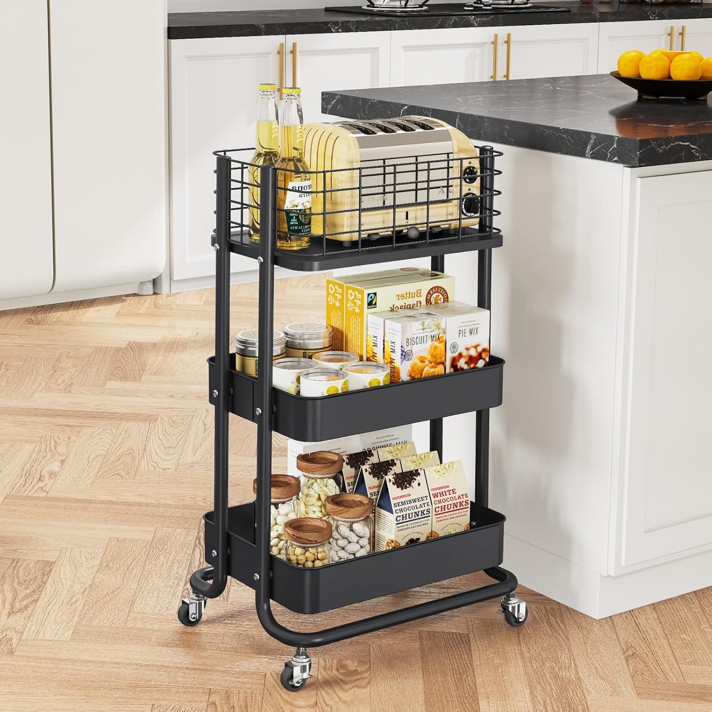KINGRACK 3 Tier Rolling Cart, Metal Mobile Storage Shelf with Lockable Wheels, Utility Trolley Cart with Wheels, Storage Organizer for Kitchen, Office, Bathroom, Dorm, Black