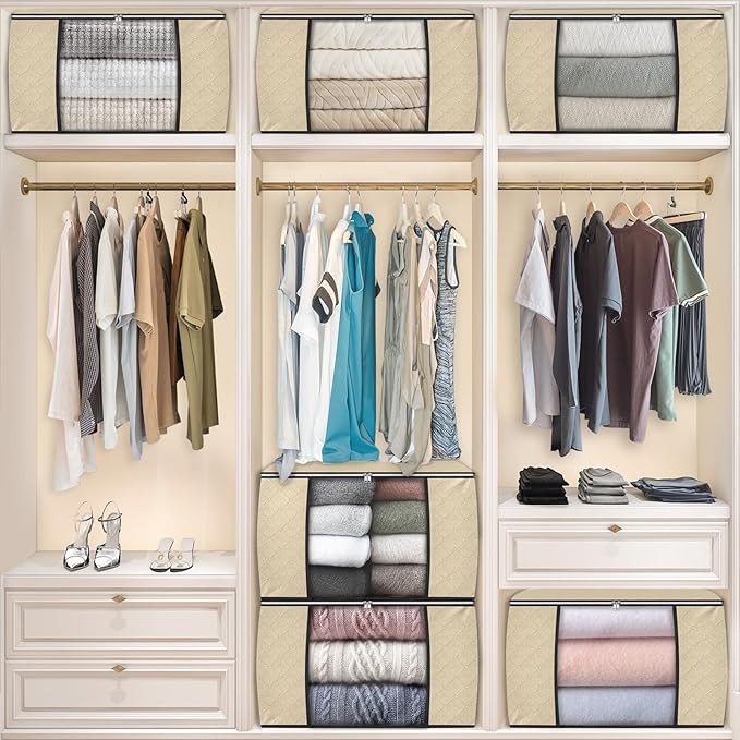 Fab totes 24 Gallons Clothes Storage, Foldable Thick Fabric Blanket Storage Bags, Containers for Organizing Bedroom, Closet, Clothing, Comforter, Organization with Handle (8 Pack,Beige)