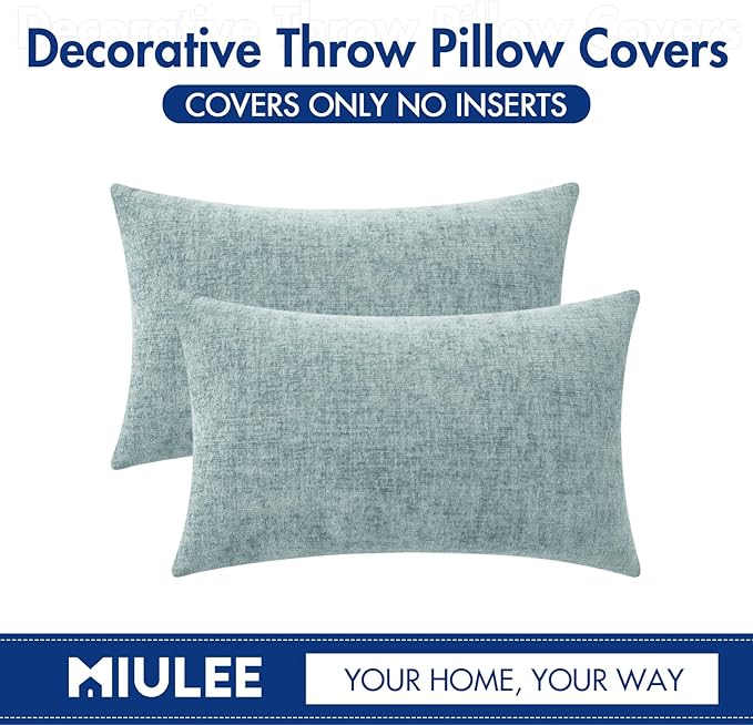 MIULEE Pack of 2 Light Blue Throw Pillow Covers 12x20 Inch Soft Chenille Pillow Covers for Sofa Living Room Spring Home Decor Couch Solid Dyed Cases