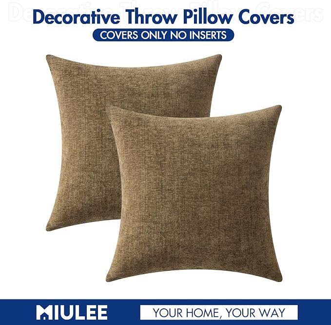 MIULEE Pack of 2 Coffee Throw Pillow Covers 20x20 Inch Soft Chenille Pillow Covers for Sofa Living Room Couch Solid Dyed Cases