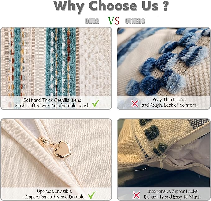 KOOLIFE Boho Chenille Tufted Couch Throw Pillow Covers 18x18 Inch Set of 2 Farmhouse Striped Decorative Pillow Covers Accent Neutral Pillowcase Teal Cushion Cover for Living Room Sofa Bed